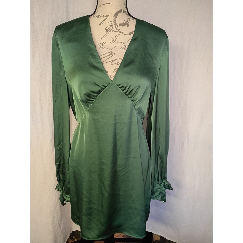 H&M BALLOON-SLEEVED SATIN DRESS Green Size S - Picture 5 of 5